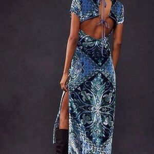Free People Navy and Teal Backless Dress